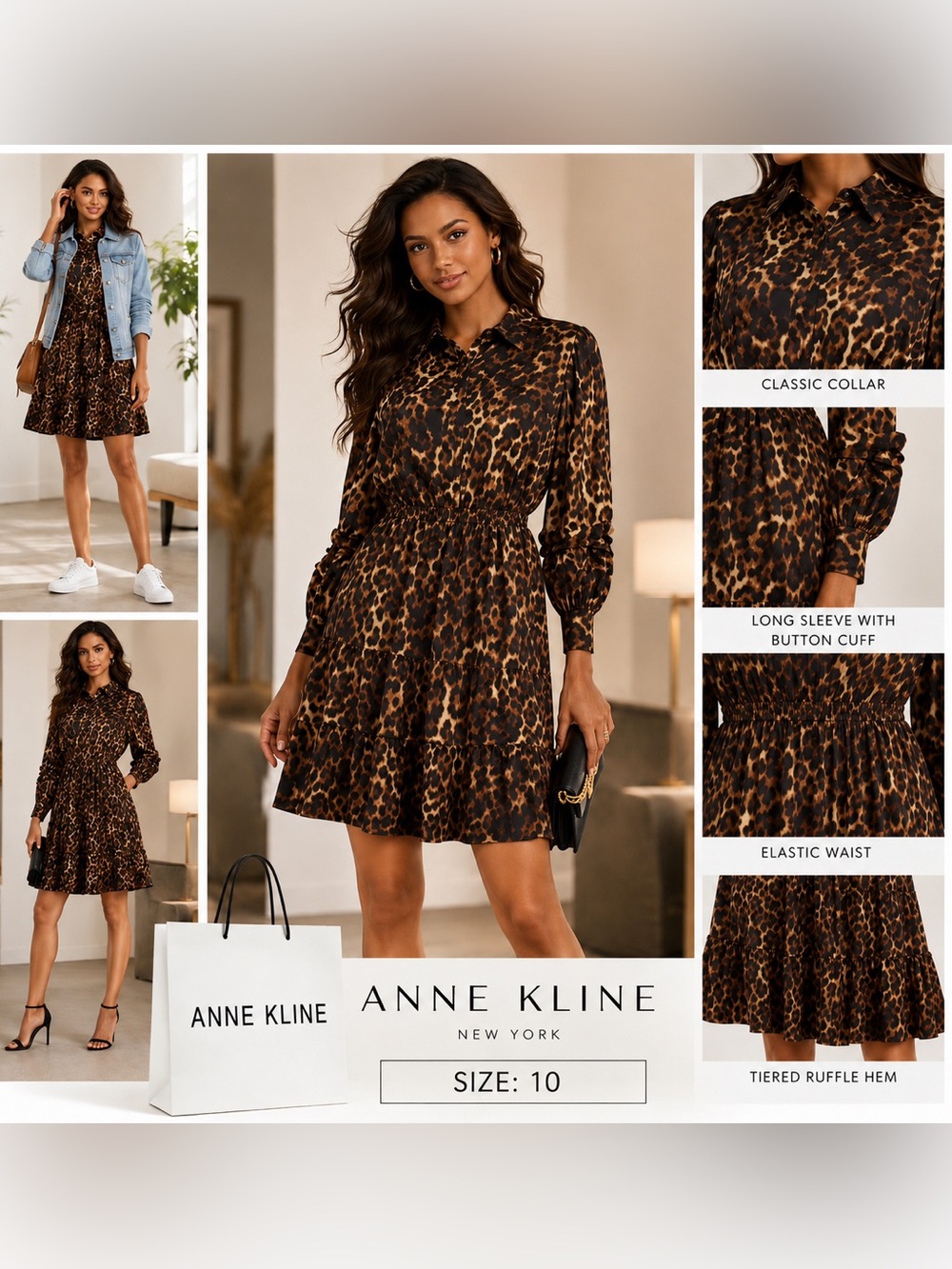 Anne Klein Brown and Black Leopard Print Long Sleeve Tie-Waist Dress